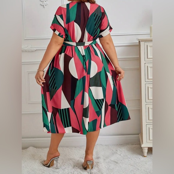 Temu Geo Print Tie Waist Dress 3XL - Picture 3 of 6